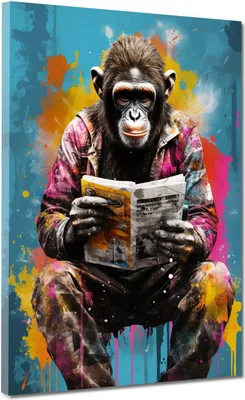 Produktbild von Gorilla sitzend mit Zeitung Leinwandbild Wandbild Kunstdruck XL abstrakt Pop Art: 30x40x2cm