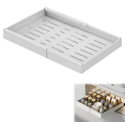Obrázok produktu pre Výsuvná organizácia do kuchynskej skrinky – teleskopická zásuvka, 1 úroveň – oceľ – 52 x 42 x 7,5 cm – bez nutnosti vŕtania – nastaviteľná a ľahko čistiteľná