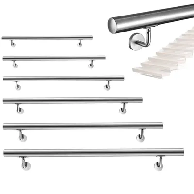 Several stainless steel handrails of varying lengths are displayed against a white background, with a close-up of a handrail attached to a staircase railing in the upper right corner.