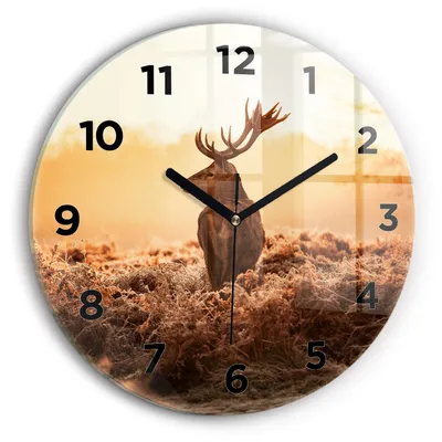Produktbild von Wallfluent Wanduhr – Stilles Quarzuhrwerk - Uhr Dekoration Wohnzimmer Schlafzimmer Küche - Zifferblatt - schwarze Zeiger - 30 cm - Hirsche bei Sonnenaufgang