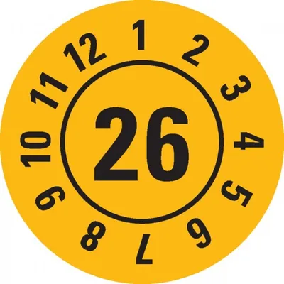 Produktbild von Dreifke® Prüfplakette 26, gelb, Dokumentenfolie, selbstklebend, Ø 25mm, 21 Stück