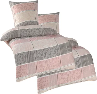 Produktbild von 4-tlg. Seersucker Bettwäsche 2x (135x200 +80x80cm), lachrose grau Karo Streifen Ranken, bügelfrei, Microfaser