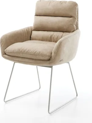 Produktbild von DELIFE Esszimmerstuhl Abelia-Flex mit Armlehnen Mikrofaser Beige Vintage Kufengestell Edelstahl