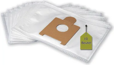 A stack of white vacuum cleaner bags with a brown cardboard attachment on the top bag and a green tag attached.