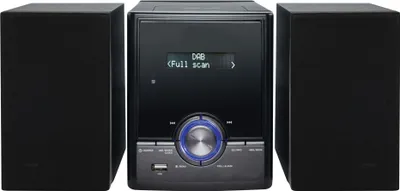 A stereo system with two speakers and a central unit.