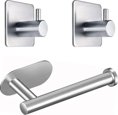 Produktbild von Toiletpapierhalter ohne Bohren, WC-Rollenhalter, selbstklebend, Toilettenrollenhalter, selbstklebend, WC-Rollenhalter, rostfreier Stahl, Papierhalter mit 2 Handtuchhaken, für Küche und Badezimmer, Silber