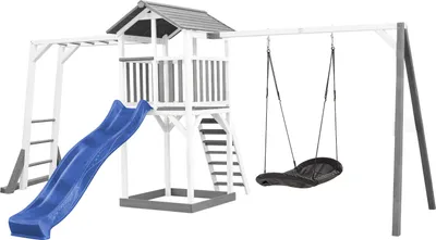 Produktbild von AXI Beach Tower Spielturm aus Holz in Weiß & Grau | Spielhaus für Kinder mit blauer Rutsche, Klettergerüst, Nestschaukel und Sandkasten | Stelzenhaus für den Garten