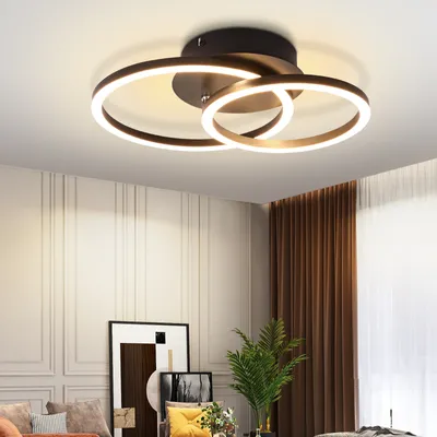 A modern ceiling light fixture with two interlocking rings, illuminated and mounted on a white ceiling.