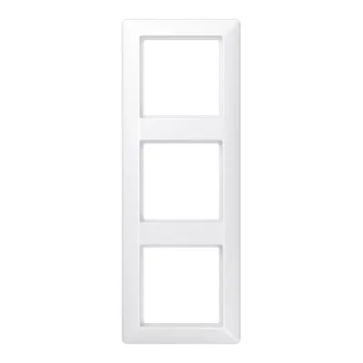 A white, three-gang switch plate frame is shown against a white background.