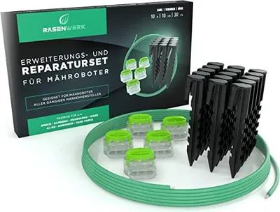 Produktbild von RASENWERK® Begrenzungskabel Reparatur-Set für Mähroboter - 30 Erdnägel mit patentierter Form - 10 Verbindungsklemmen mit wasserdichter Gelfüllung - 10m Universal Begrenzungskabel für Rasenroboter