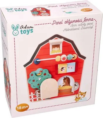 The image shows the packaging of a farm-themed activity panel for children.