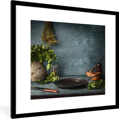Produktbild von MuchoWow® Gerahmtes Poster Kräuter - Gewürze - Pfanne - Messer - Grau - Rustikal 40x40 cm - Poster mit Schwarzem Bilderrahmen Wandposter Rahmen Foto Bilder - Poster - Plakat im Rahmen