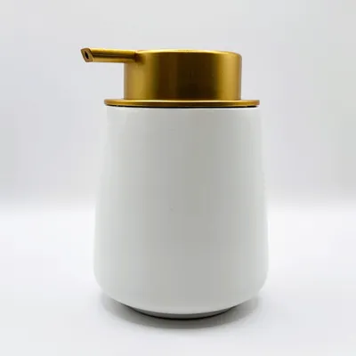 Image de Élégant distributeur de savon liquide en céramique avec pompe en plastique – Distributeur de savon rechargeable pour la salle de bains et la cuisine – 400 ml (blanc)