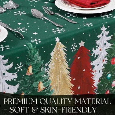 Produktbild von Unyqoos® Rechteckige, abwaschbare Weihnachts-Tischdecke – Polyester, weiß mit Tannenbaum- und Schneeflockenmotiv, verschiedene Größen