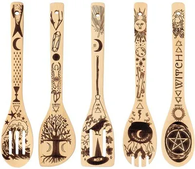 Produktbild von Heksenhouten lepels 5er Set, Holzspatel für die Küche, Dekoration, Cottagecore Geschenk, Holzset für Hexeninspiration