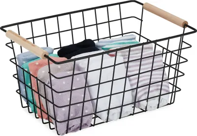 Produktbild von Relaxdays Drahtkorb, Holzgriffe, rechteckig, Gitter Design, Kleidung, Accessoires, Metallkorb, HBT: 16x31x21 cm, schwarz