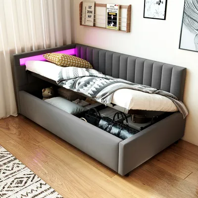 Produktbild von MODFU Polsterbett,Schlafsofa Daybett 90x200cm,Ohne Matratze,mit LED-Beleuchtung und hydraulischem Stauraum,seitliche Kopfteile mit austauschbaren Positionen,Samtstoff,Grau