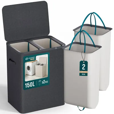 Produktbild von VOUNOT® Wäschekorb 2 Fächer 150L, Wäschesammler mit Deckel Anthrazit