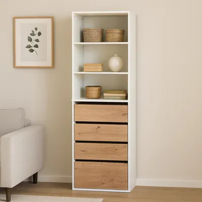 Produktbild von Schrank mit 4 Schubladen und 3 offenen Fächern Weiß/Artisaneiche