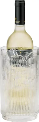 A white wine bottle is chilled in a transparent glass ice bucket.