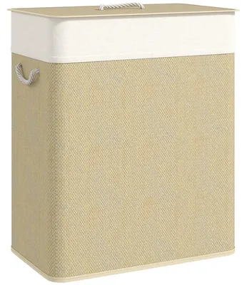Immagine prodotto di Cesto per biancheria in bambù con coperchio, capacità 100 litri e 2 scomparti | Colore: bianco | Dimensioni: 32x52x63 cm
