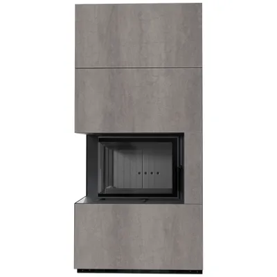 Produktbild von Kaminbausatz KRATKI FLOKI BOX links 8 kW Ø 160 Quarzsinter NATURALI PIETRA DI SAVOIA GRIGIA BOCCIARDATA schwarz Verkleidung