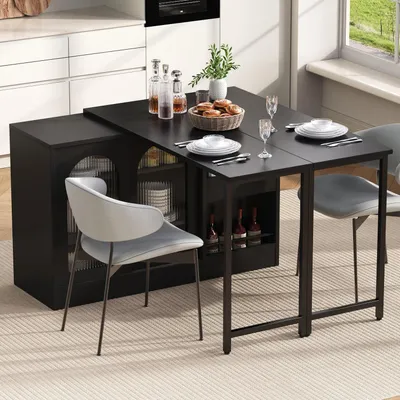 Image de Table extensible, pivotante à 360°, avec espace de rangement et armoire vitrée, de couleur noire