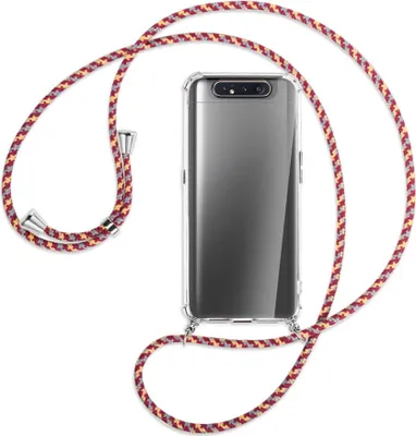 Produktbild von Handykette Backcover-Schutzhülle mit Band (Metall silberfarben) für Samsung Galaxy A80 - weinrot/gelb/grau