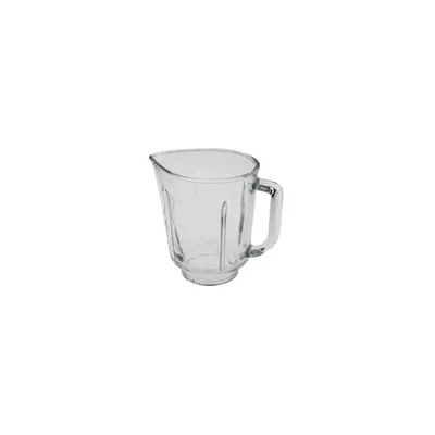 A clear, professional studio shot of a glass blender jar.