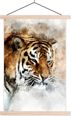 Produktbild von MuchoWow® Textilposter Tiger - Kopf - Gemälde 60x90 cm mit holzfarbenen Rahmen - Textil