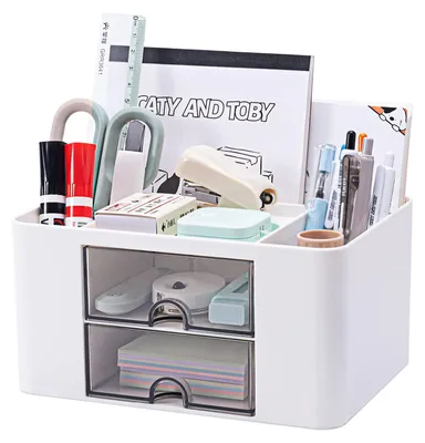 Produktbild von Schreibtisch Organizer Ordnungssystem - 5 Fächer und 2 Schubladen - Kunststoff - Platzsparend