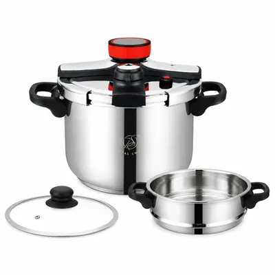 Produktbild von Schnellkochtöpfe Dampfkochtöpfe 2-in-1 Schnellkochtopf 10 L Edelstahl Induktion mit Glasdeckel Royal Swiss, KI-generiertes Bild