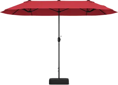 A red double patio umbrella with a black pole and base, shown against a white background.