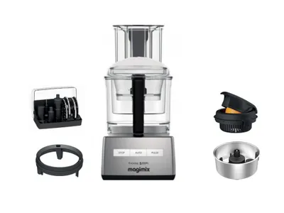 A food processor and its accessories are displayed against a white background.