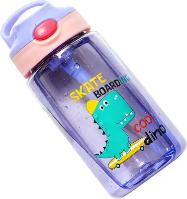 Zdjęcie produktu dla Dziecięca butelka na wodę z pokrywką ze słomką, urocze dinozaury, 480 ml, bezpieczny dla żywności materiał PP, dla maluchów, fioletowa