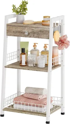 Produktbild von Leiterregal mit 3 Ebenen mit Schublade, Badezimmer Regal, Weiß