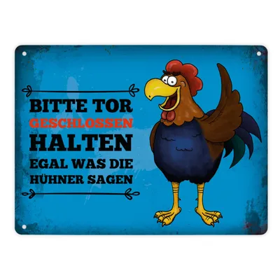 Produktbild von Metallschild XL mit Hahn Motiv und Spruch: Bitte Tor geschlossen halten ...