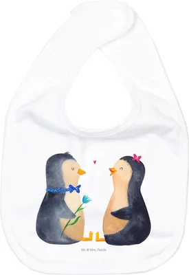 Produktbild von Mr. & Mrs. Panda Lätzchen Pinguin Pärchen - Weiß - Geschenk, Verknallt, Für Babys, Hochzeit, Hochzeitstag, Kinderlätzchen, Sabberlätzchen, Babylätzchen, Liebe