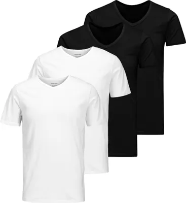 Produktbild von JACK&JONES Herren T-Shirt, 4er Pack - JACBASIC V-NECK TEE, Kurzarm, einfarbig, Baumwolle Schwarz/Weiß L
