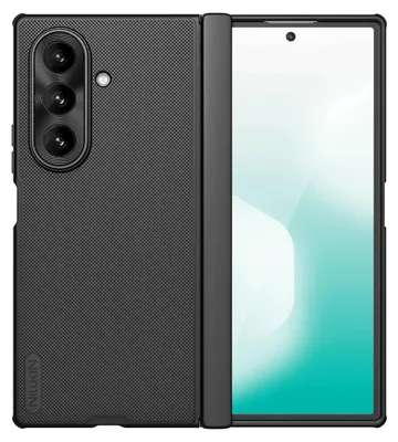 A black phone case for a foldable phone is shown, with the phone partially open.