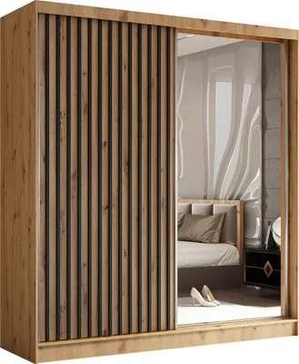 Produktbild von Masseno Schiebetürenschrank LAMELLO 200 cm Kleiderschrank Schlafzimmer Schrank 2-türig mit Spiegel und Lamellen Eiche Artisan
