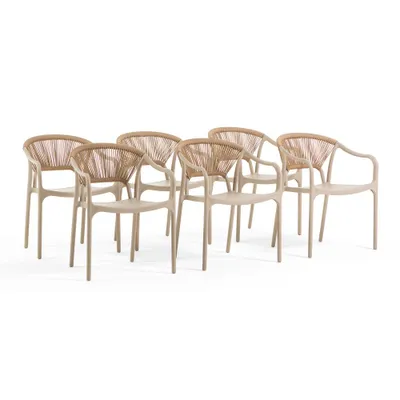 Produktbild von 6er-Set stapelbare Stühle aus Polypropylen mit Rückenlehne aus geflochtenem Seil und Armlehnen, für Garten, Terrasse, Bars und Restaurants – Jennifer Karamell