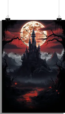 Produktbild von Halloween Poster - Schloss Poster - Blutmond Poster - Gruseliges Poster - Fantasie Poster - 51x71cm - Perfekt zum Einrahmen