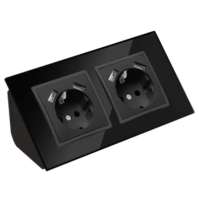Produktbild von Glas Ecksteckdose 2-fach Steckdose mit USB Steckdosenblock 45° Verteilerdose schwarz.