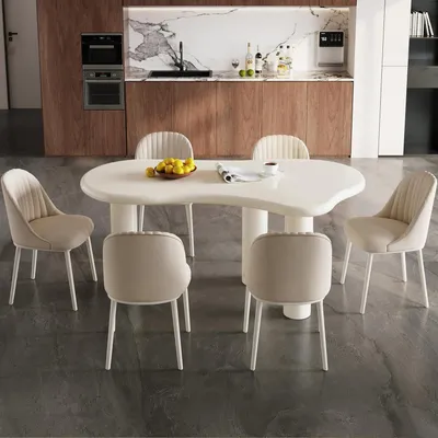 Immagine prodotto di Set tavolo da pranzo per 6 persone, bianco, con sedie imbottite, design minimalista e salvaspazio