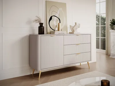 A modern sideboard in a well-lit room.