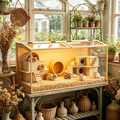 Produktbild von WISFOR Hamsterkäfig mit LED Leuchte, Kleintierhaus aus Holz, Mäusekäfig mit klappbarem Deckel, Sichtfenster, 100.7x50x50m