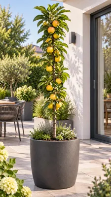 Produktbild von Säulenapfel ‘Gold Sensation’ 130–160 cm – kompakter Apfelbaum, winterhartes Säulenobst für Garten, Balkon und Kübel, KI-generiertes Bild