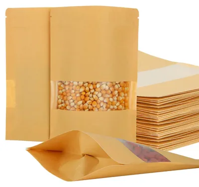 Immagine prodotto di Sacchetti con cerniera, 200 pezzi - Carta kraft - Con finestra - Impermeabili - Con chiusura ermetica - Ideali per spezie/frutta secca/snack - Sacchetti per alimenti