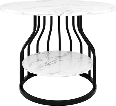 A round dining table with a marble-look top and a black metal cage-like base with a lower shelf.